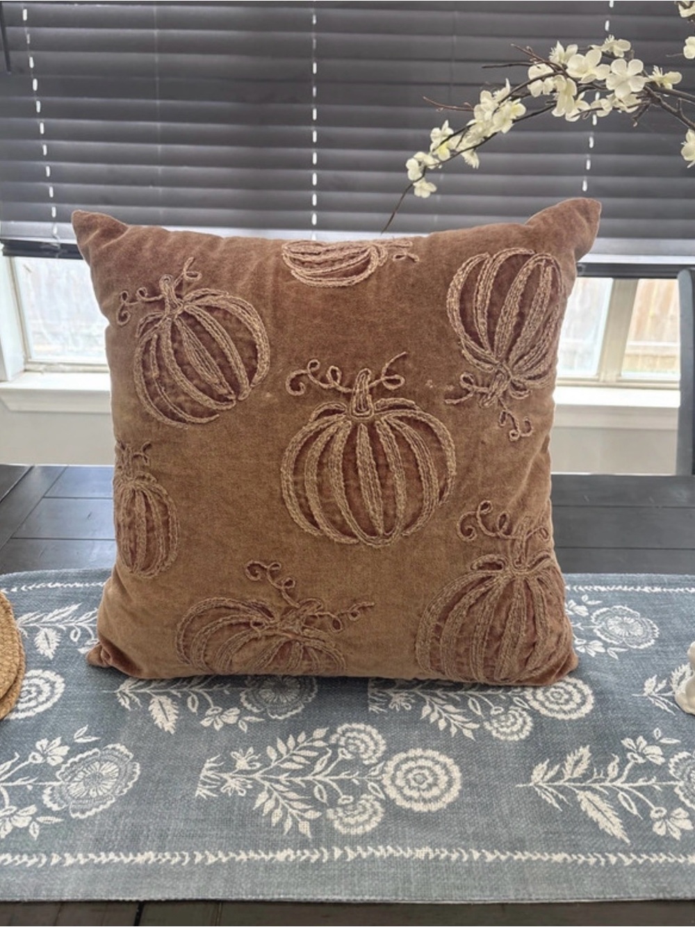 Brown Pumpkin Embroidered Decorative Throw Pillow -
